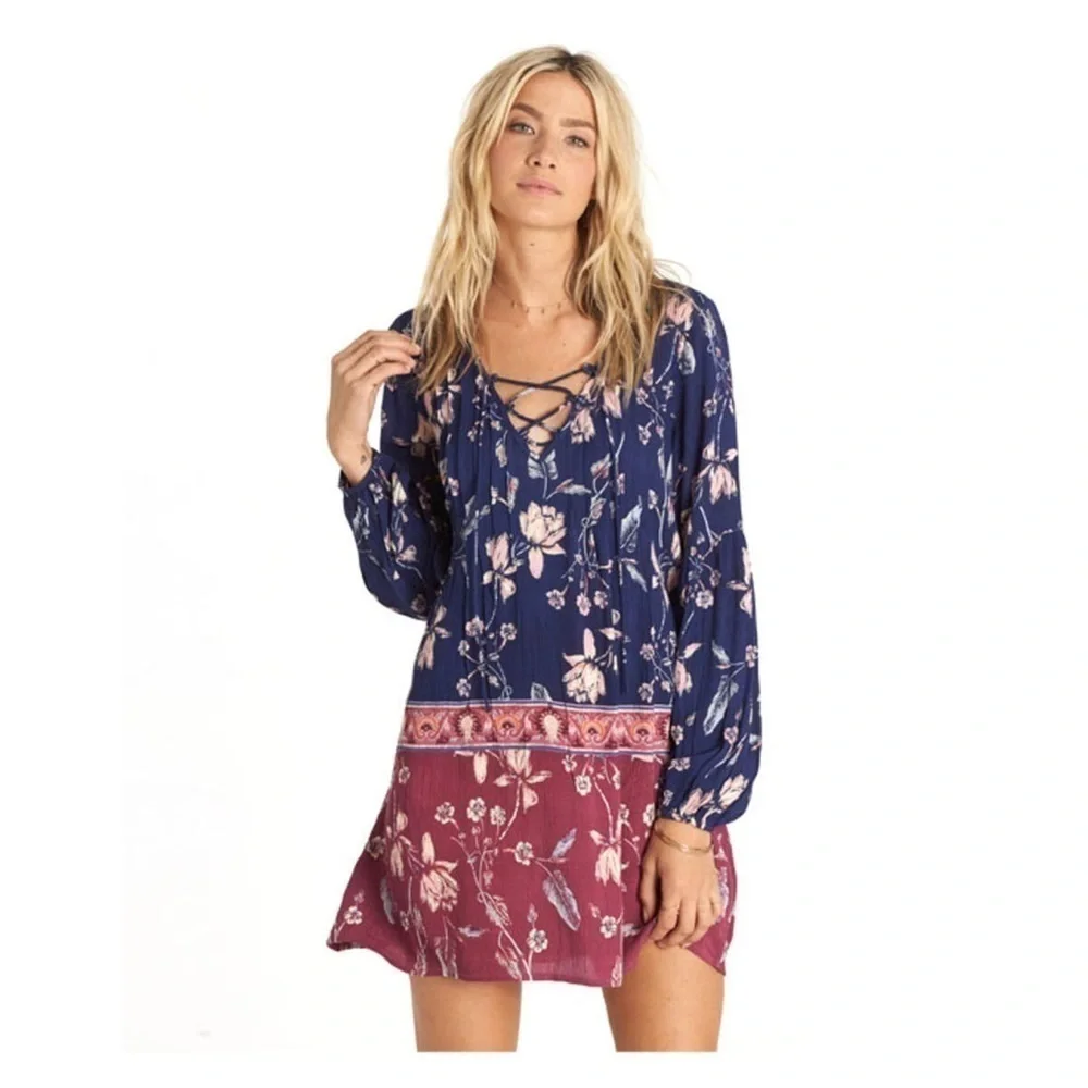 Billabong just like you starry nights boho long sleeve shirt dress‎ Blue Pink - Picture 2 of 11
